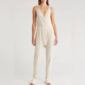 Free People Cream Jumpsuit with Elegant Wrap V-Neck